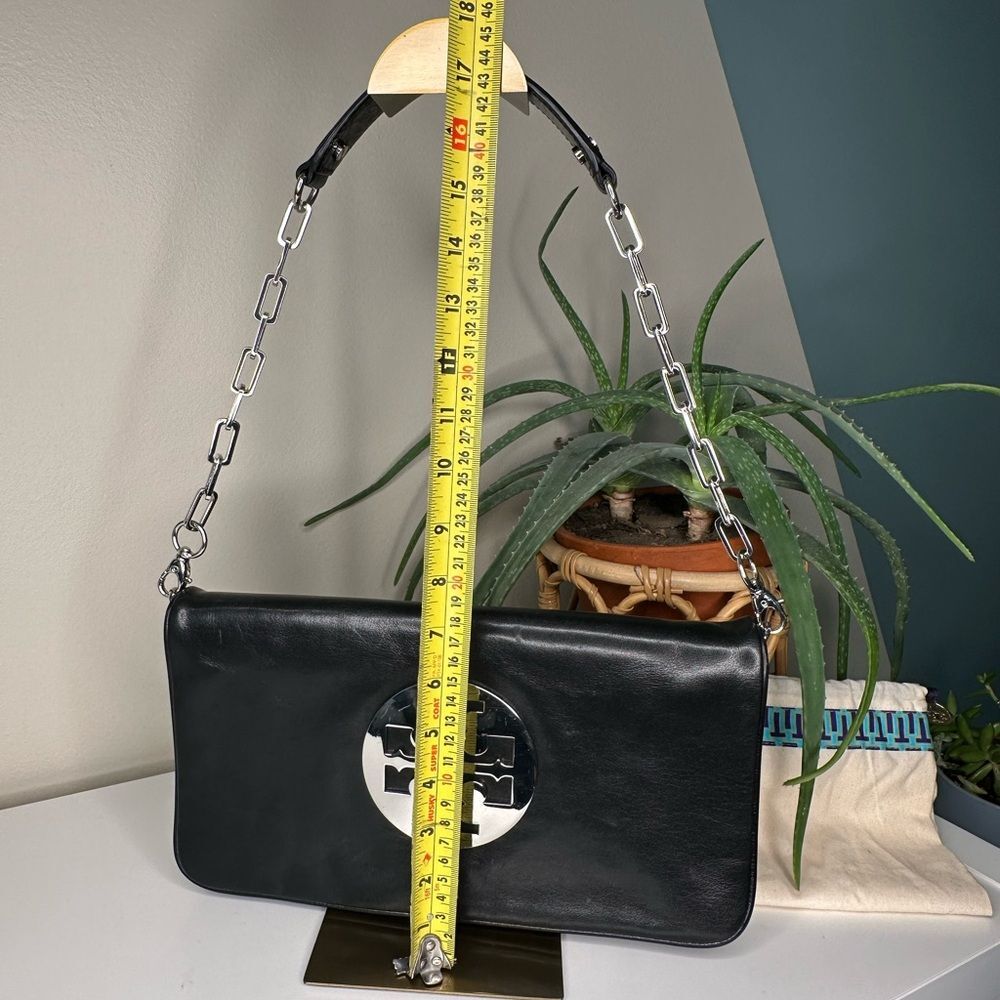Tory Burch Black Leather Fold-Over Clutch | Removable Chain Strap | Silver Logo - Picture 10 of 12